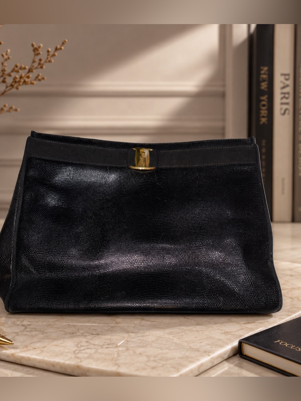 Salvatore Ferragamo Vintage Black Lizard-Embossed Clutch with Gold Accent